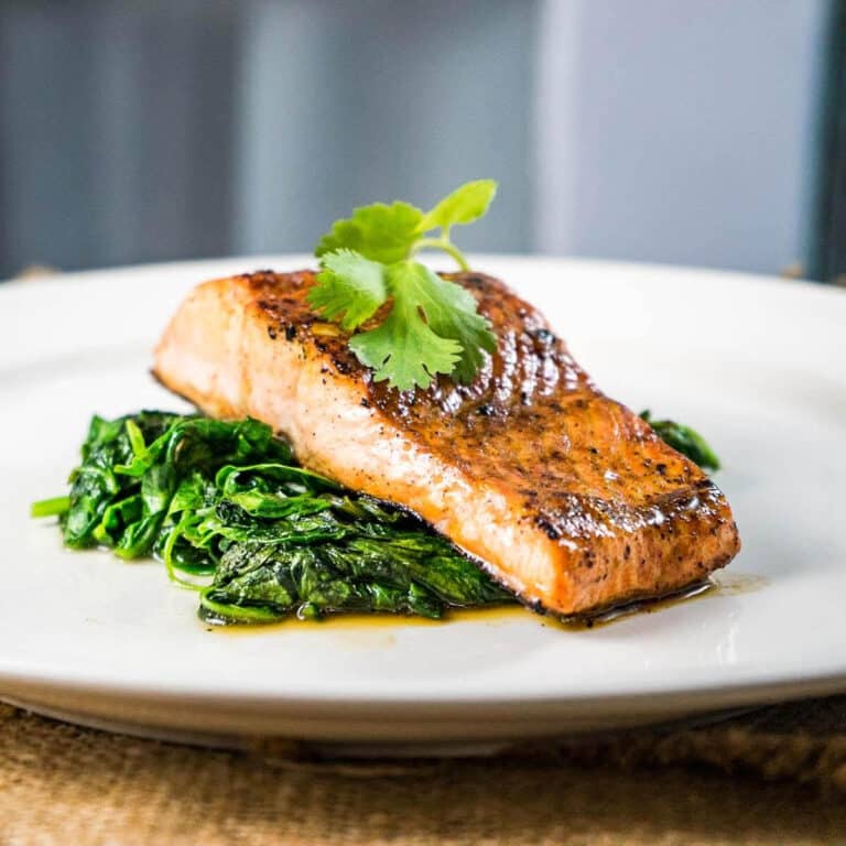 Seared Worcestershire Salmon with Wilted Spinach