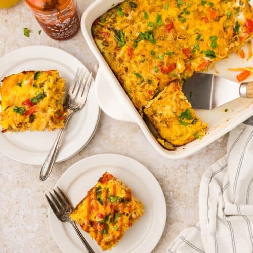 Chicken Breakfast Bake served on white plates.