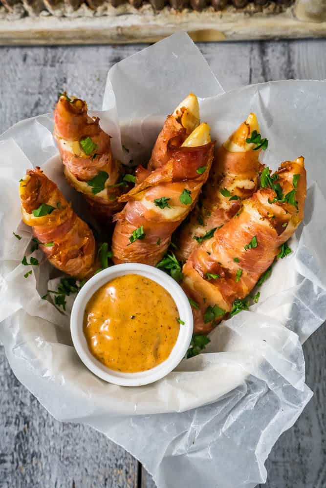 Prosciutto Wrapped Chicken Tenders with Sweet Chili Mayo
