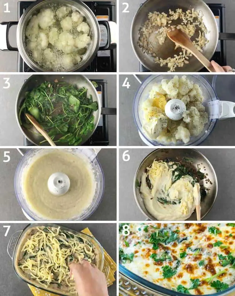 step by step visual instructions for how to make cauliflower creamed spinach casserole