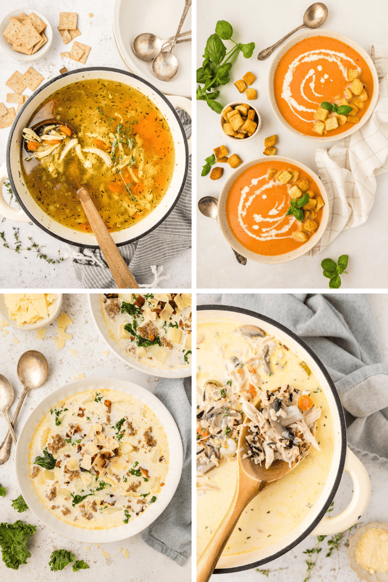 Four healthy soup recipes, each beautifully garnished and photographed from above.