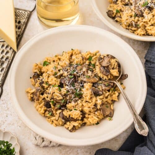 Mushroom Risotta served with white wine and parmesan.