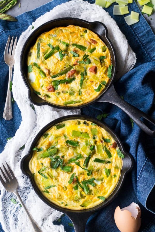 asparagus frittata with spicy sausage and leeks