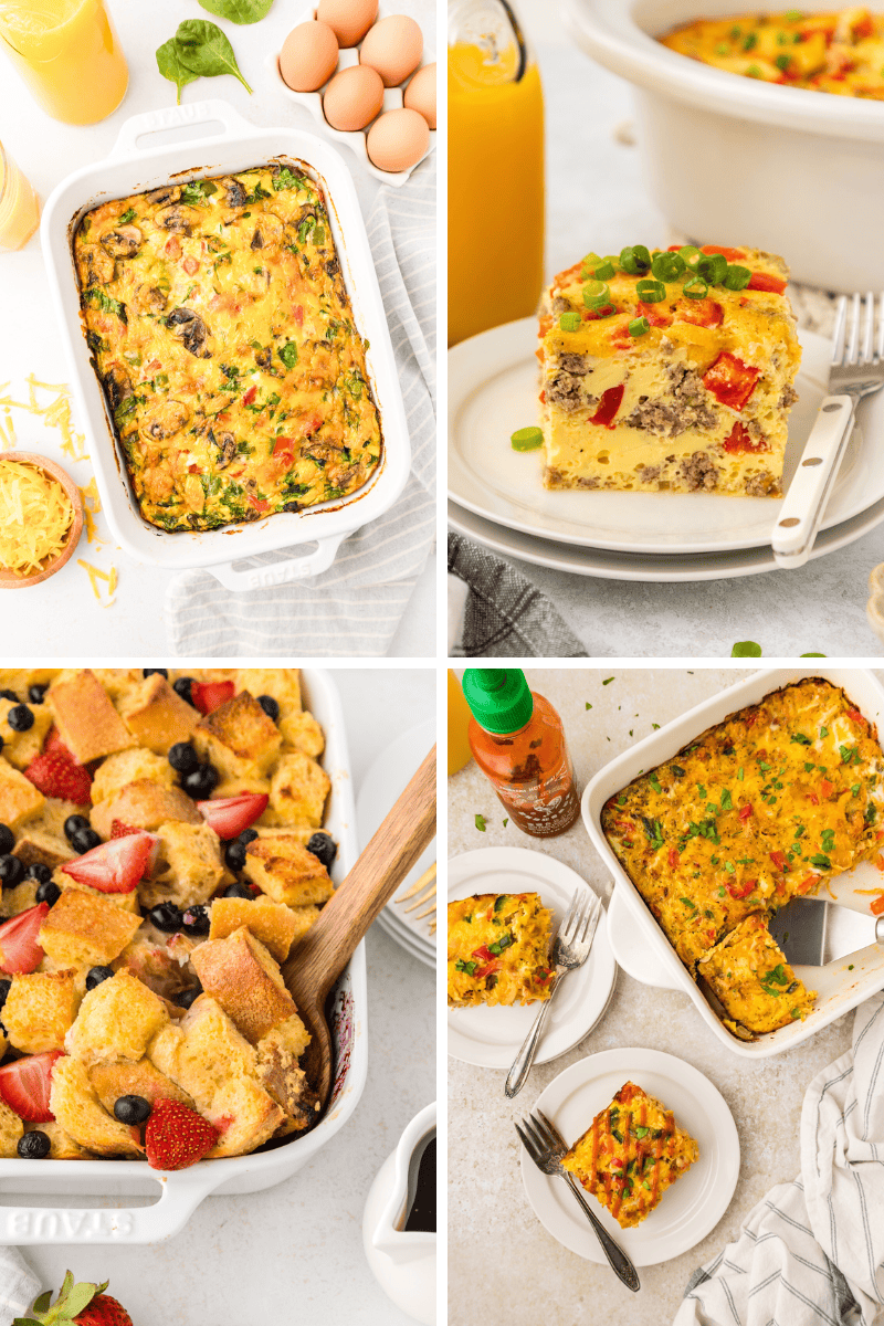Four images of Breakfast Casserole Recipes with eggs, veggies, cheese, and fruit, served and sliced.