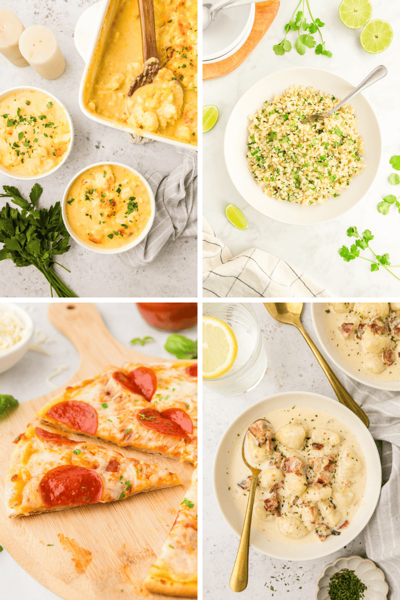 Four dishes: cheesy casserole, rice salad, pepperoni pizza, and healthy cauliflower recipes.