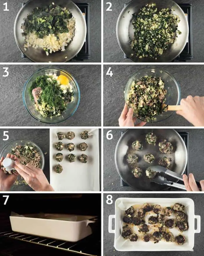 Collage of step by step instructions for how to make greek meatballs