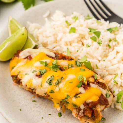 salsa chicken served with lime wedges and rice