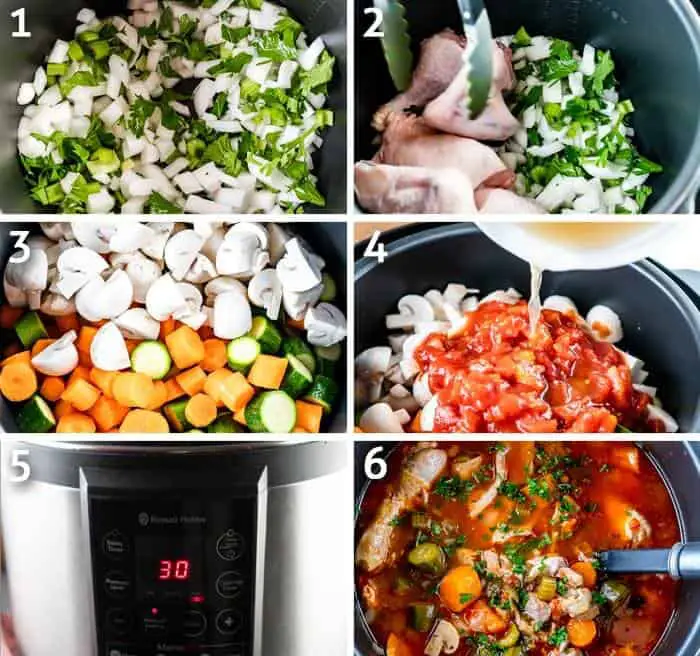 Instant pot chicken stew step by step instructions photo grid. 
