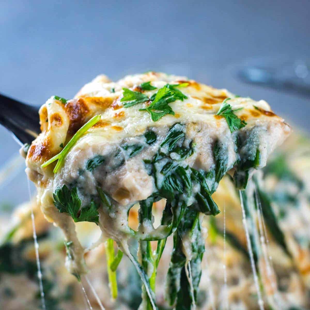 A scoop of cauliflower-creamed Spinach from the dish.
