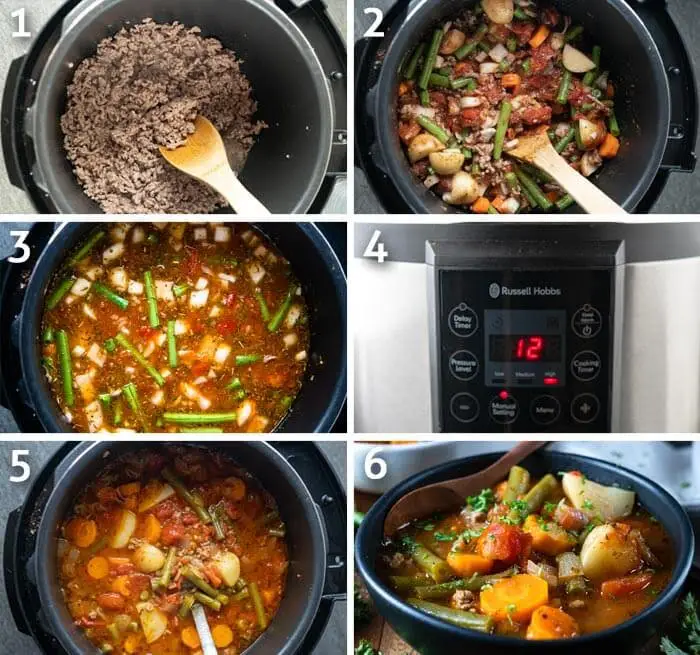 Instant pot ground beef vegetable soup cooking steps in six pictures. 