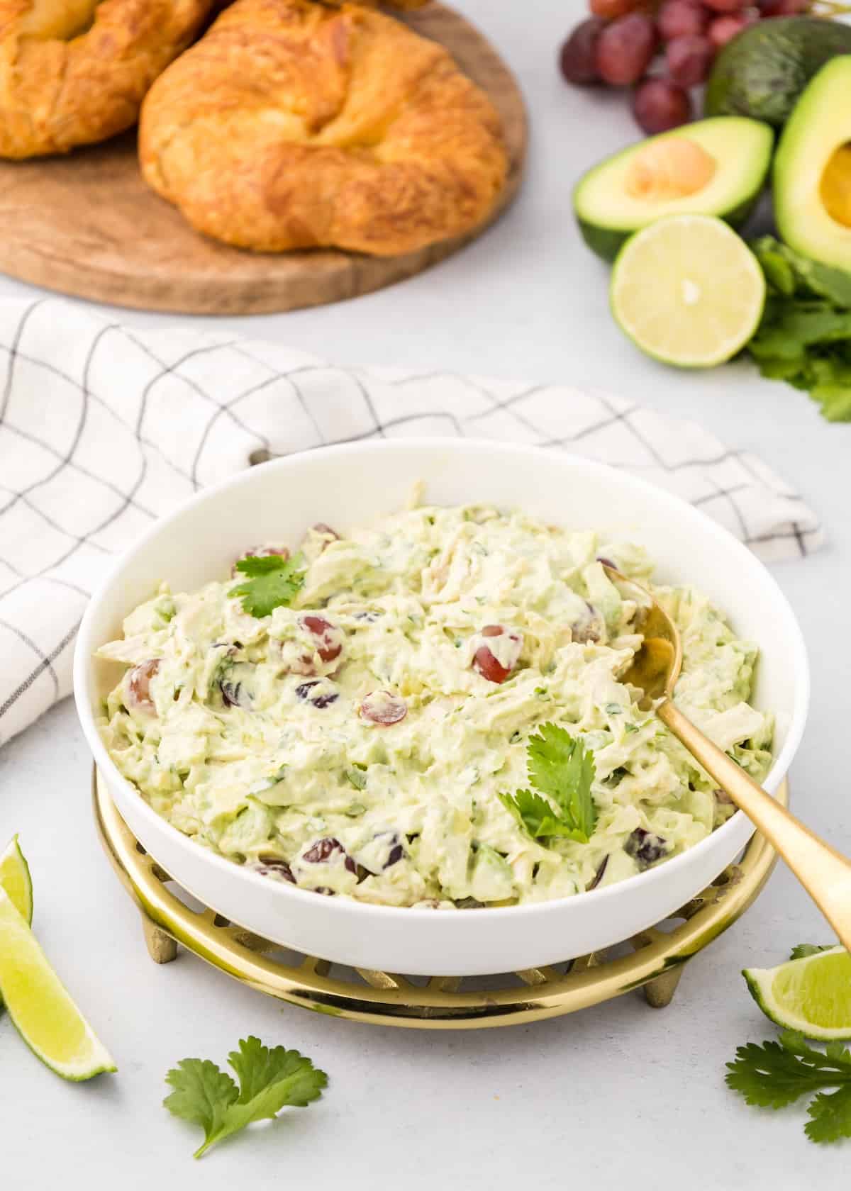 avocado chicken salad served in a white bowl