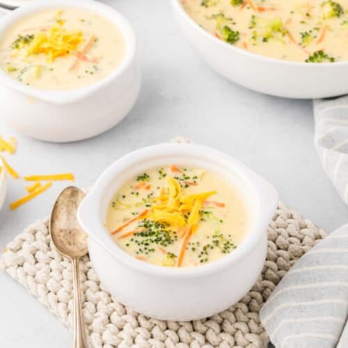 broccoli cheddar soup in white bowl