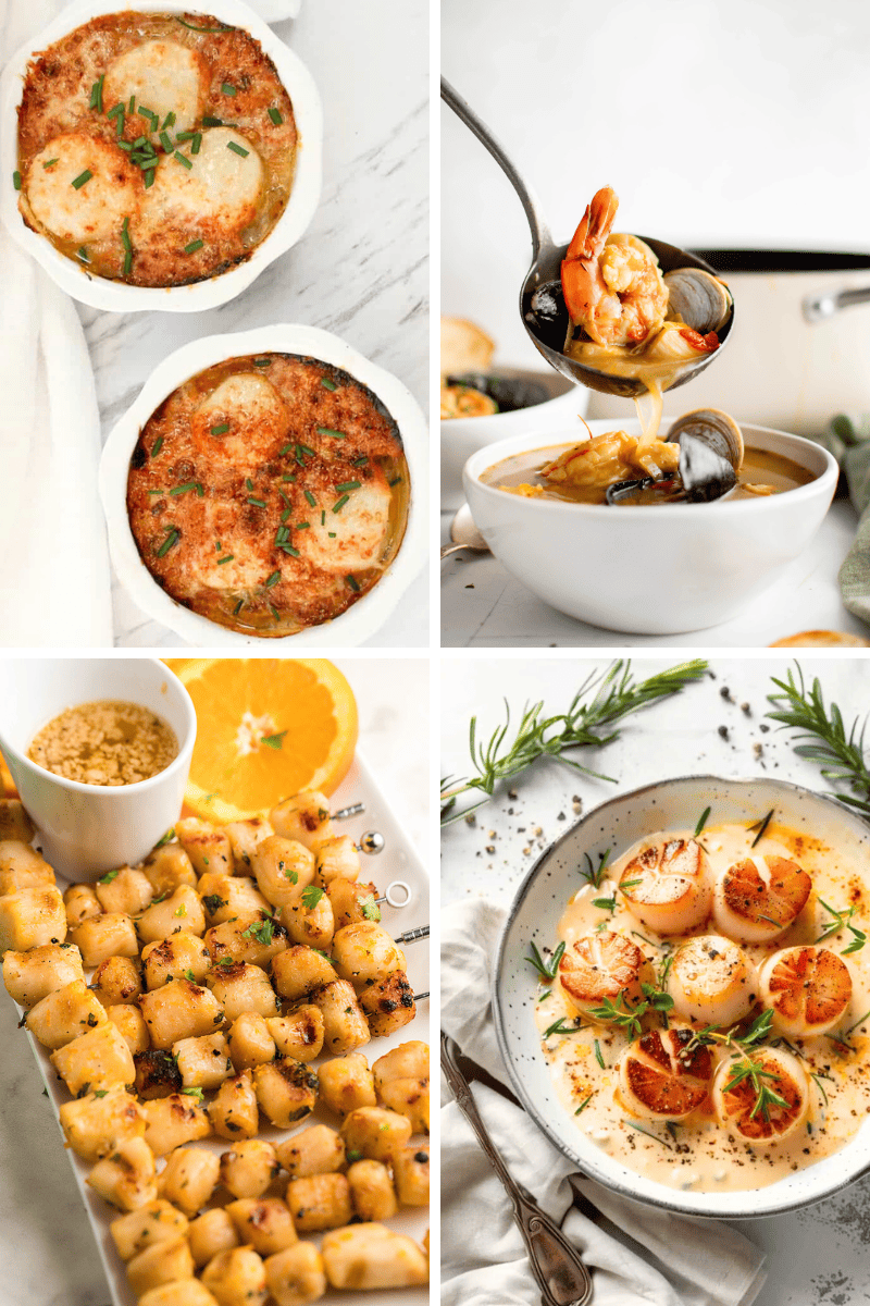 Collage of French dishes: soup, gratin, and easy scallop recipes on white backgrounds.
