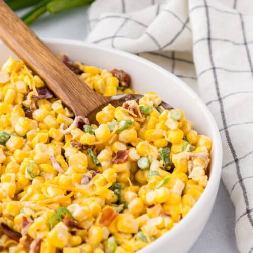 loaded sweet corn salad served in a white bowl