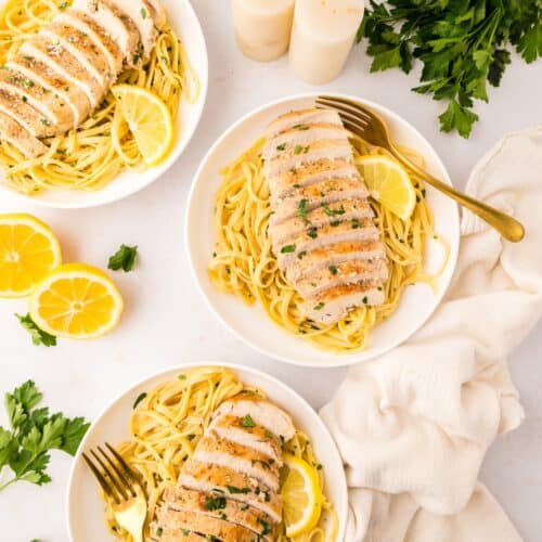 plates of lemon chicken pasta