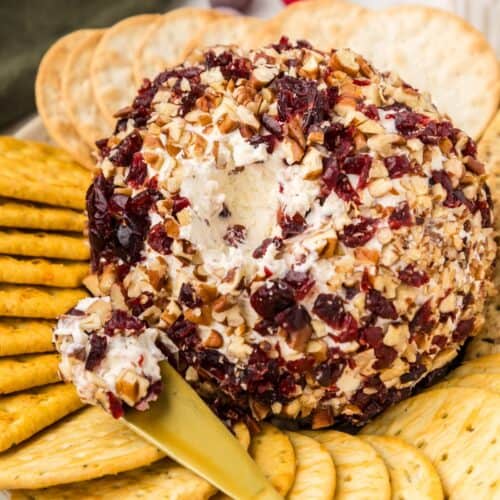 cranberry pecan cheeseball served with crackers and spreading knife