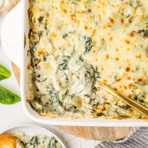 Spinach Artichoke Dip with spoon.