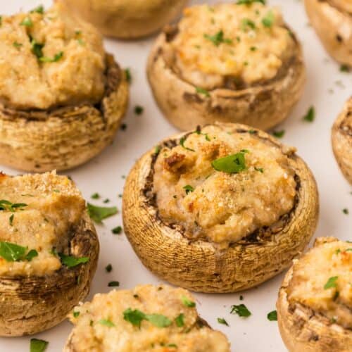 Crab Stuffed Mushrooms ready to eat.