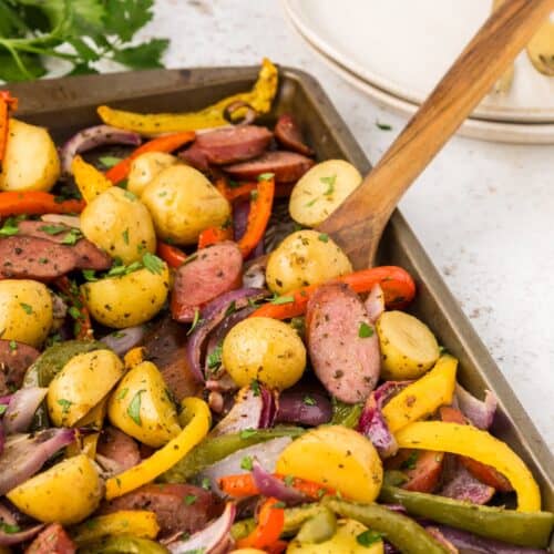 Sheet Pan Sausage and Vegetables on a sheet pan.