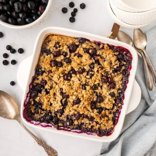 Top shot of baking dish full of Baked Blueberry Oatmeal.