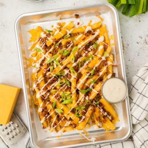 Tray of Loaded Cheese Fries with a side of ranch.