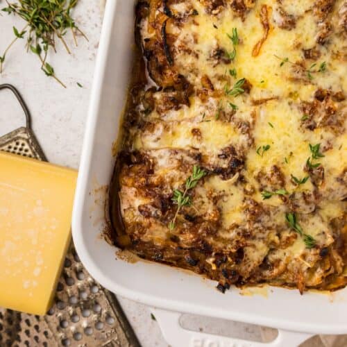 French Onion Chicken in casserole dish.