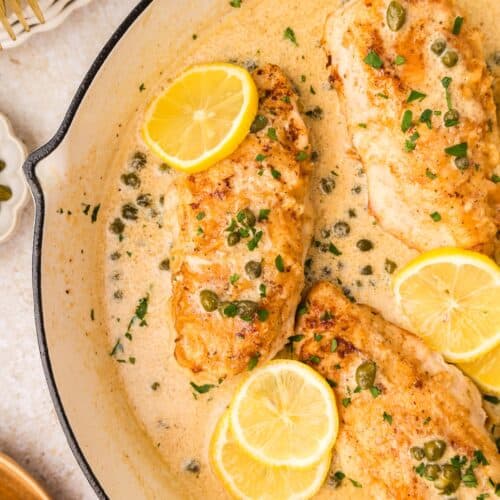 Close up of Lemon Chicken Piccata in pan.