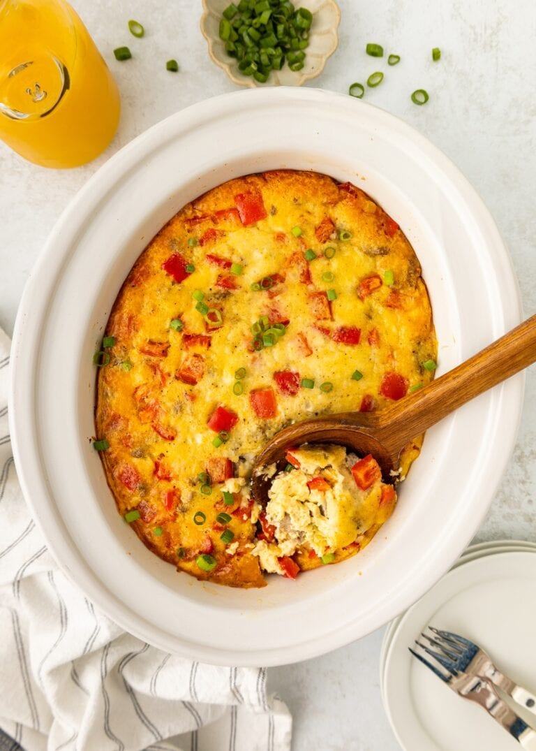Overhead view of a crockpot full of breakfast casserole.