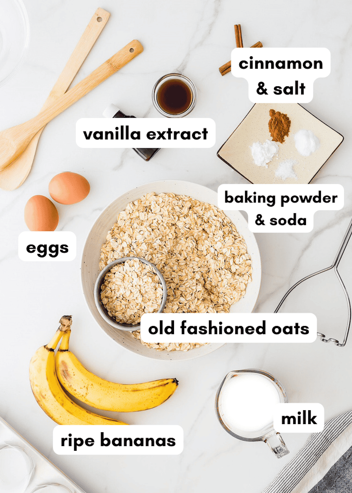 Baking ingredients including oats, eggs, bananas, milk, vanilla, cinnamon, and baking powder.