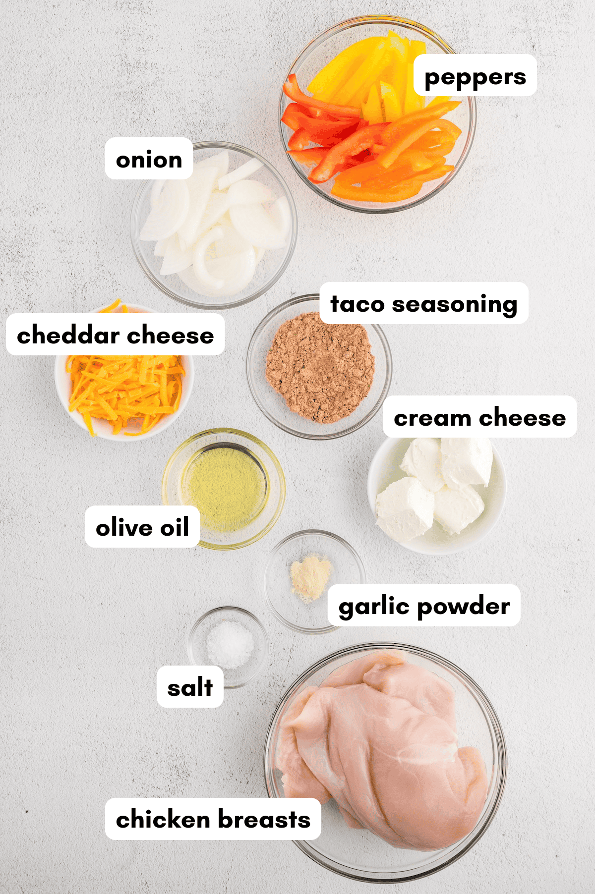 Ingredients for a chicken dish, labeled in bowls: peppers, onion, cheeses, spices, oil, chicken.