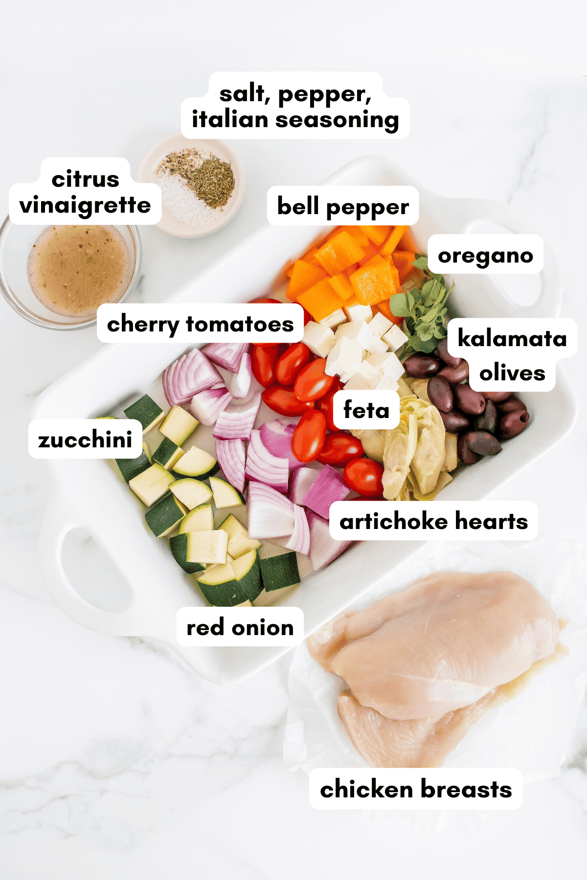 Labeled ingredients for a Greek chicken dish arranged in a white dish on a marble surface.