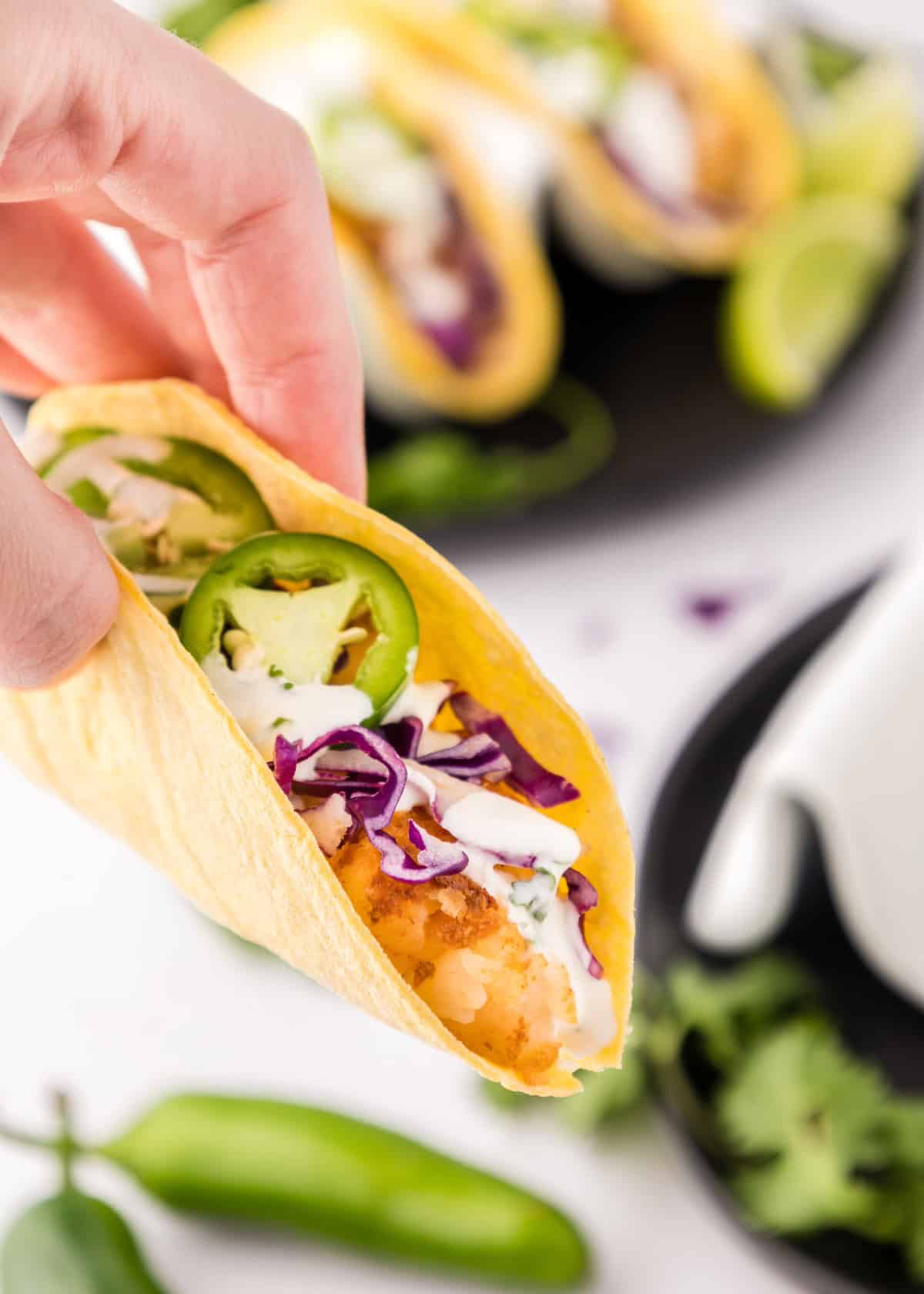 Hand holding a fish taco with cabbage, jalapeños, and creamy sauce, garnished with lime.