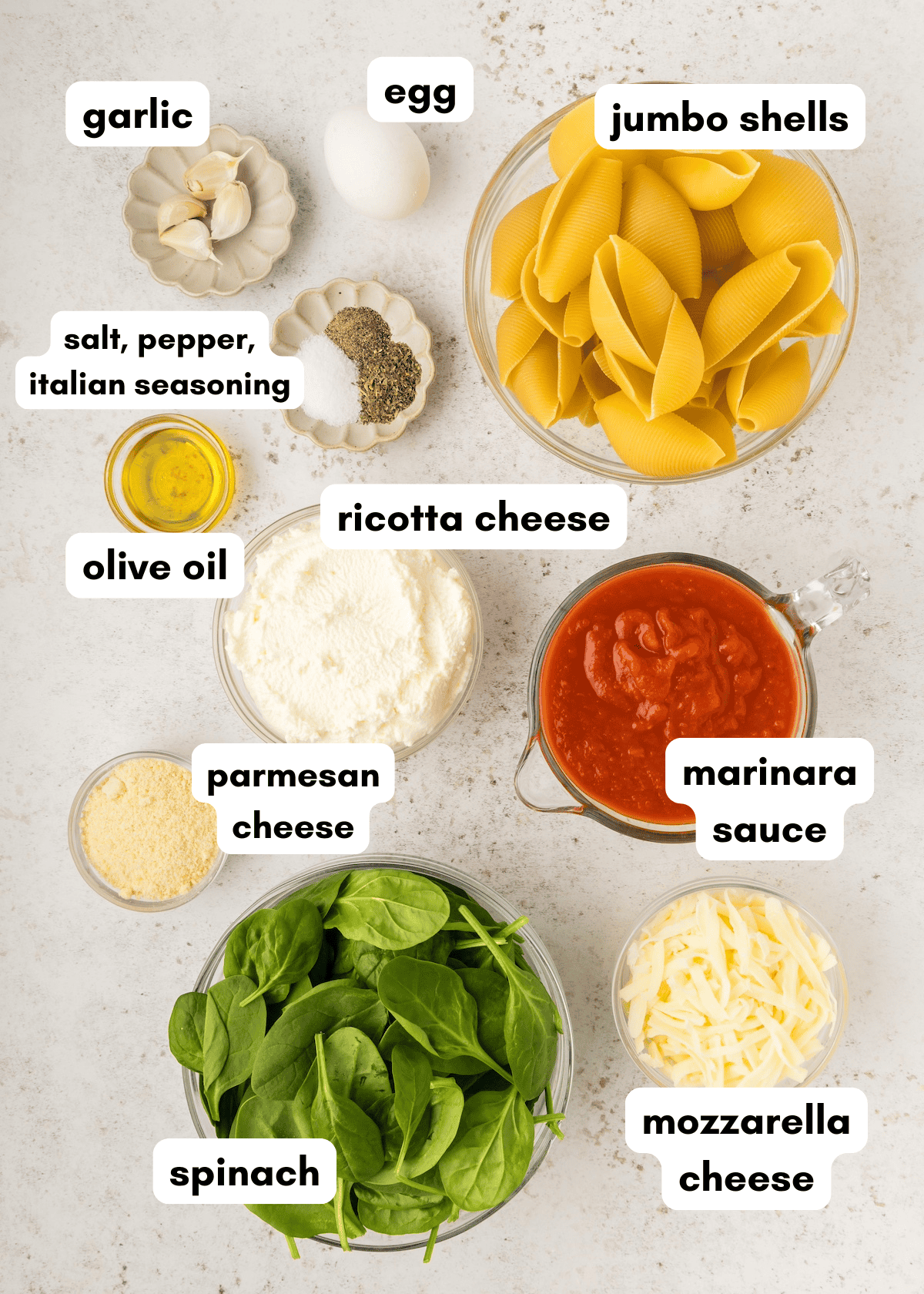 Labeled ingredients for stuffed shells: pasta, cheeses, egg, spinach, marinara, garlic, seasoning.