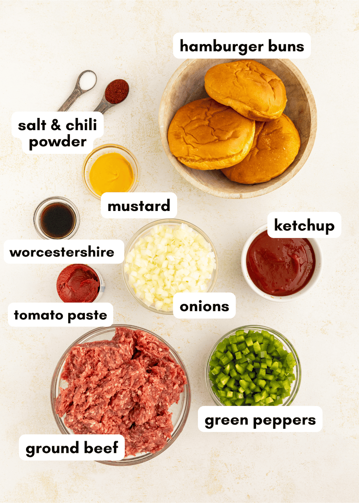 Labeled ingredients for sloppy joes, including buns, ground beef, vegetables, and condiments.