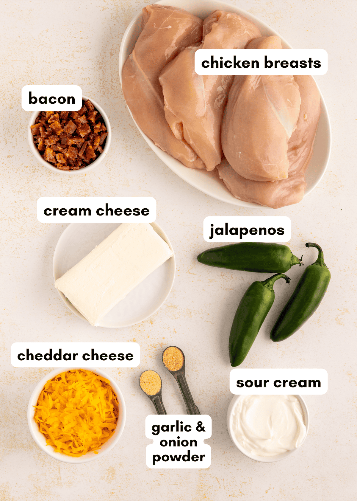 Ingredients for a recipe: chicken breasts, bacon, cheeses, jalapenos, sour cream, and seasonings.