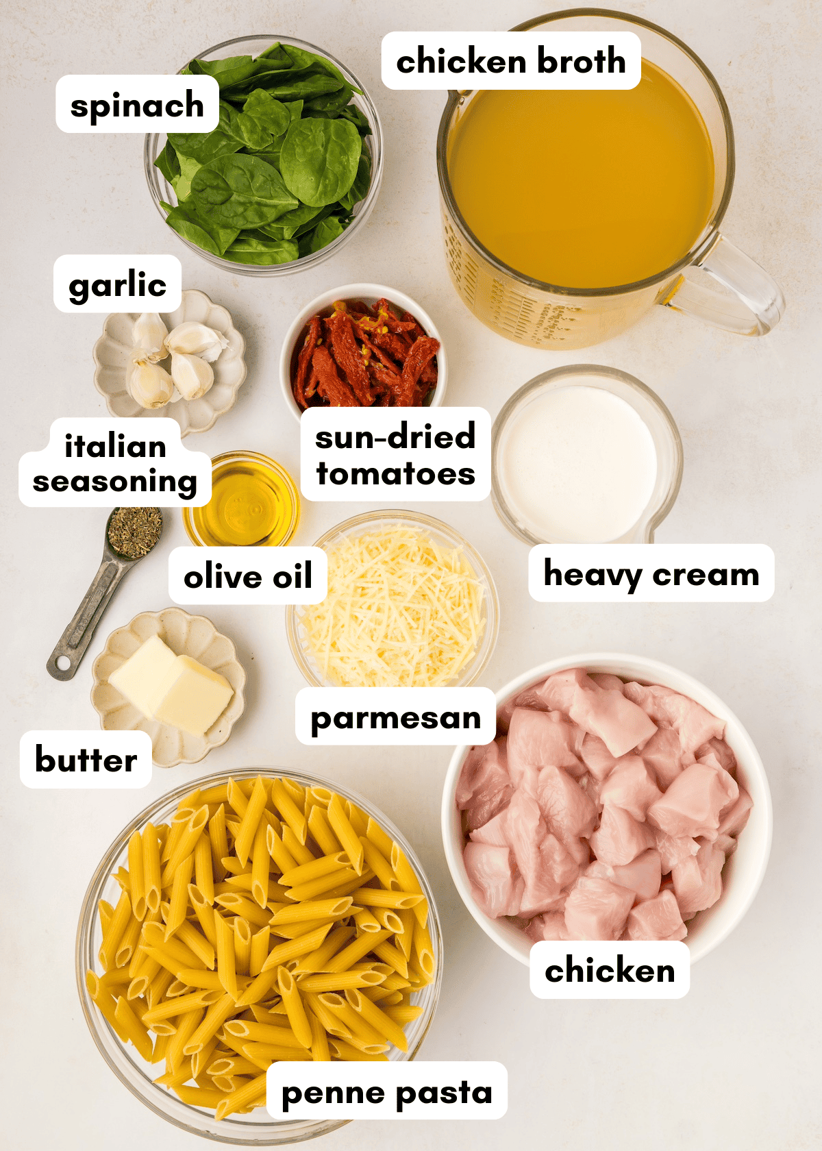Bowls of labeled ingredients for a pasta dish, including penne, chicken, cream, and spinach.