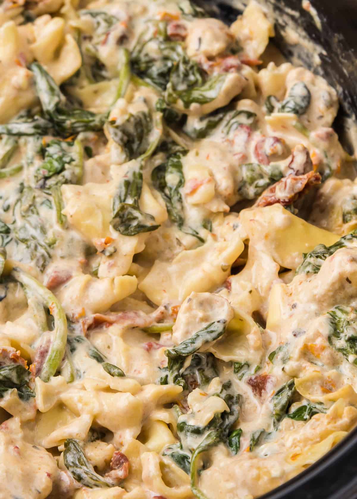Creamy pasta with spinach and sun-dried tomatoes mixed in a rich sauce.