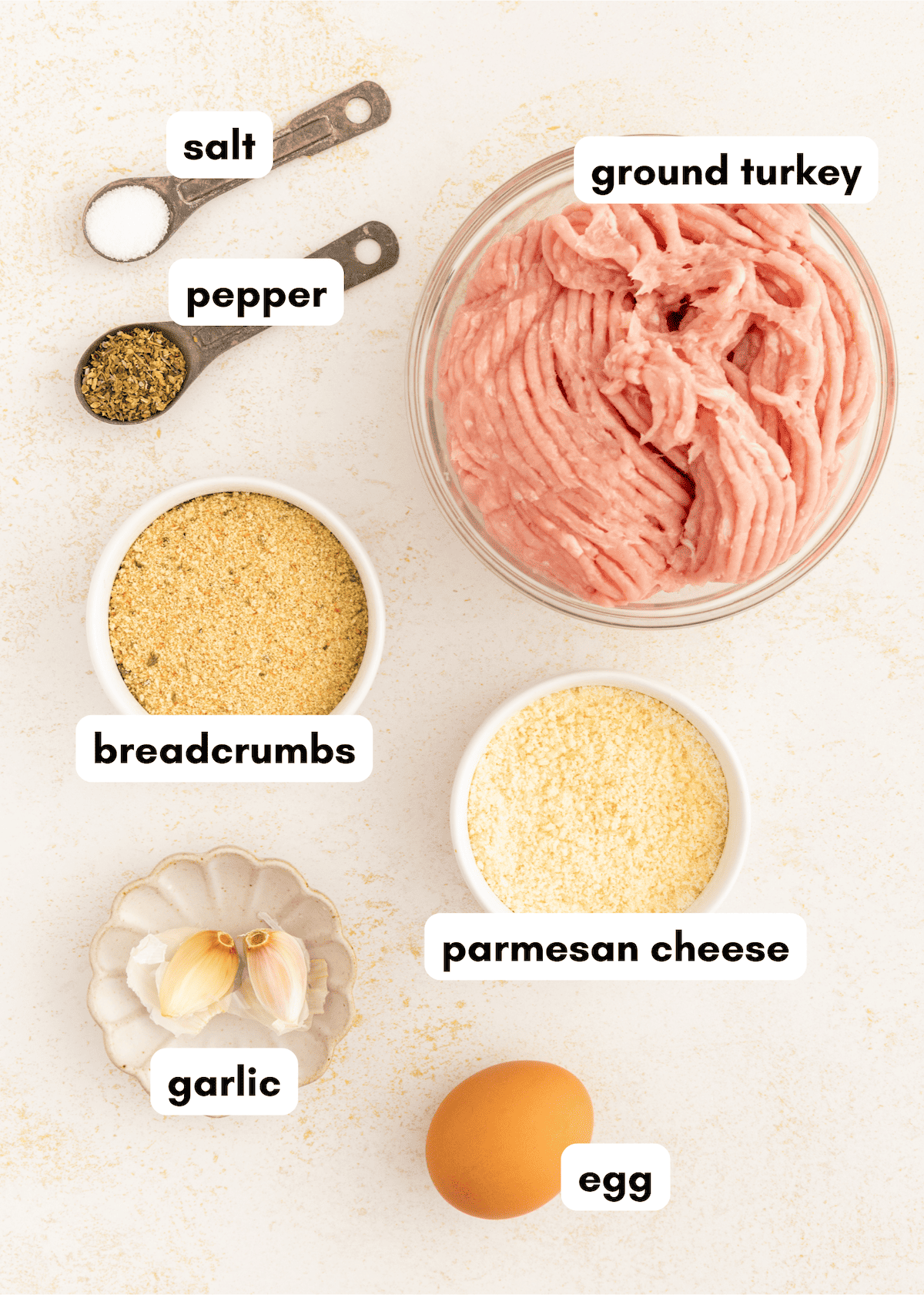 Ingredients for baked turkey meatballs: ground turkey, breadcrumbs, parmesan, garlic, egg, salt, pepper.