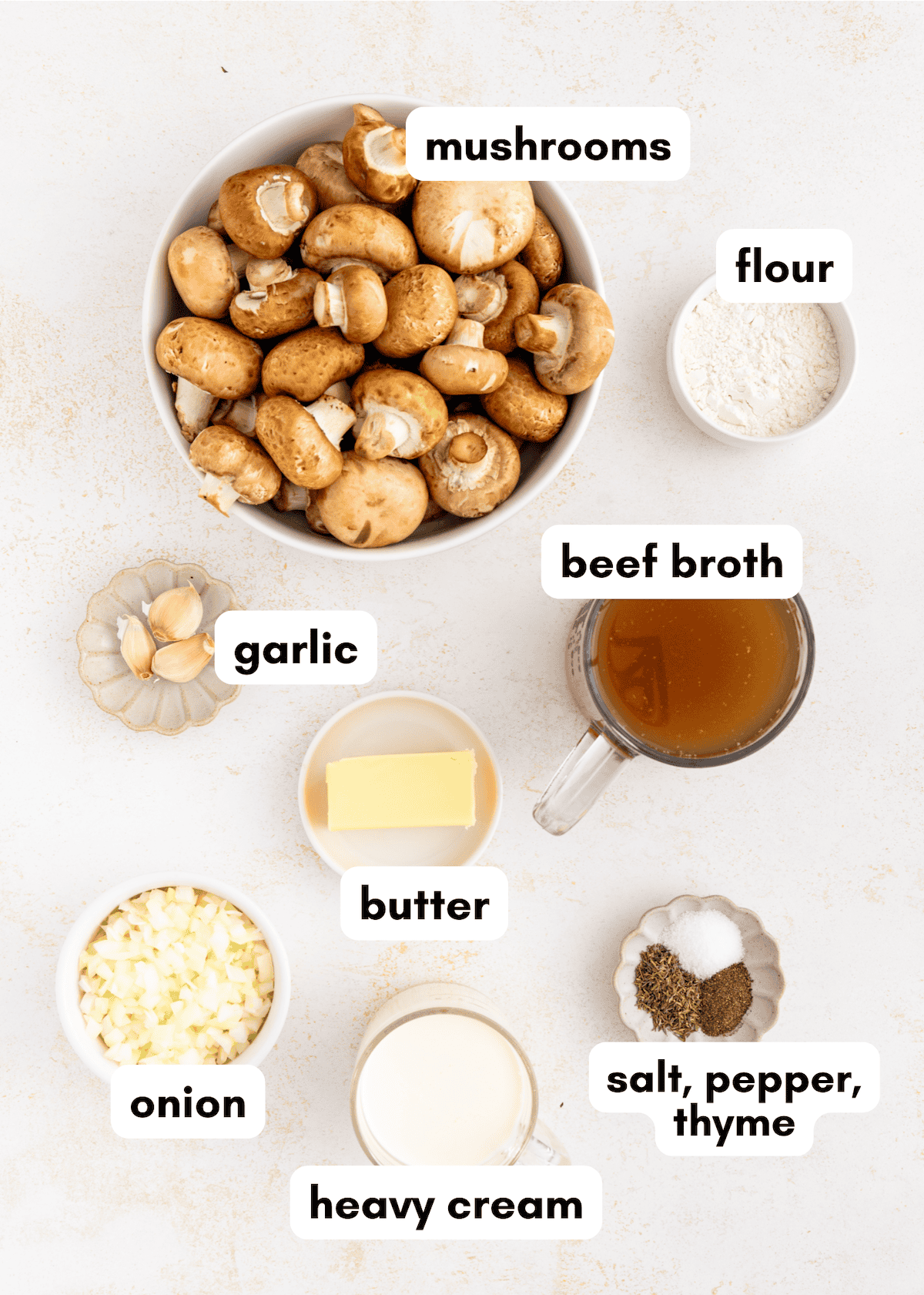 Cream of Mushroom Soup made with mushrooms, cream, beef broth, garlic, and savory spices.