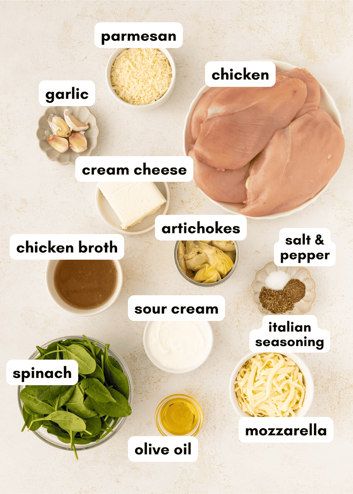 Ingredients for spinach artichoke chicken, including chicken, cheese, spinach, and seasonings, labeled.