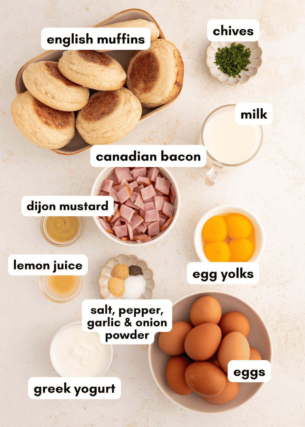 Ingredients for eggs Benedict labeled on a countertop, including eggs, muffins, bacon, and seasonings.