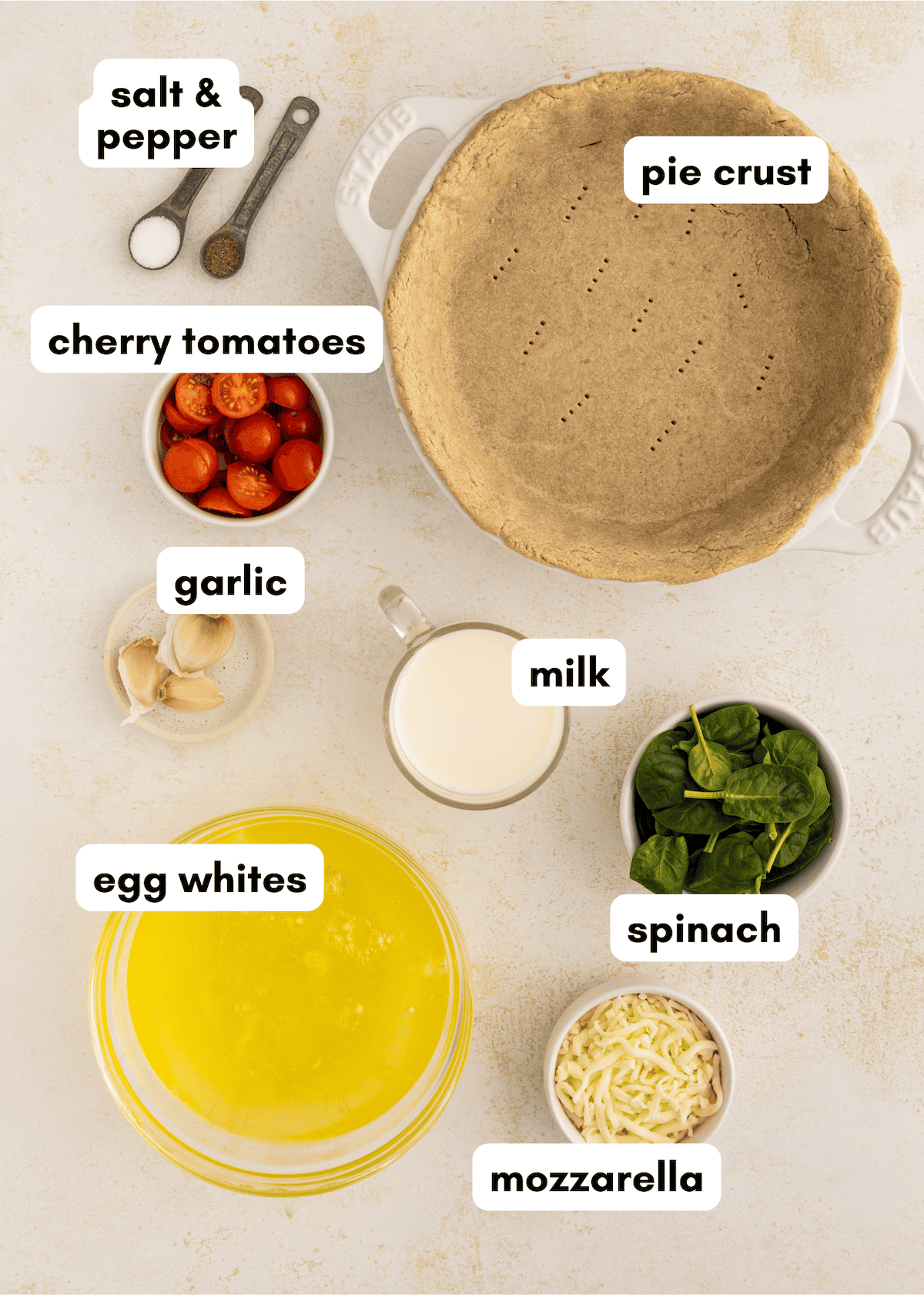 Labeled ingredients for an egg white quiche: pie crust, tomatoes, spinach, and mozzarella.