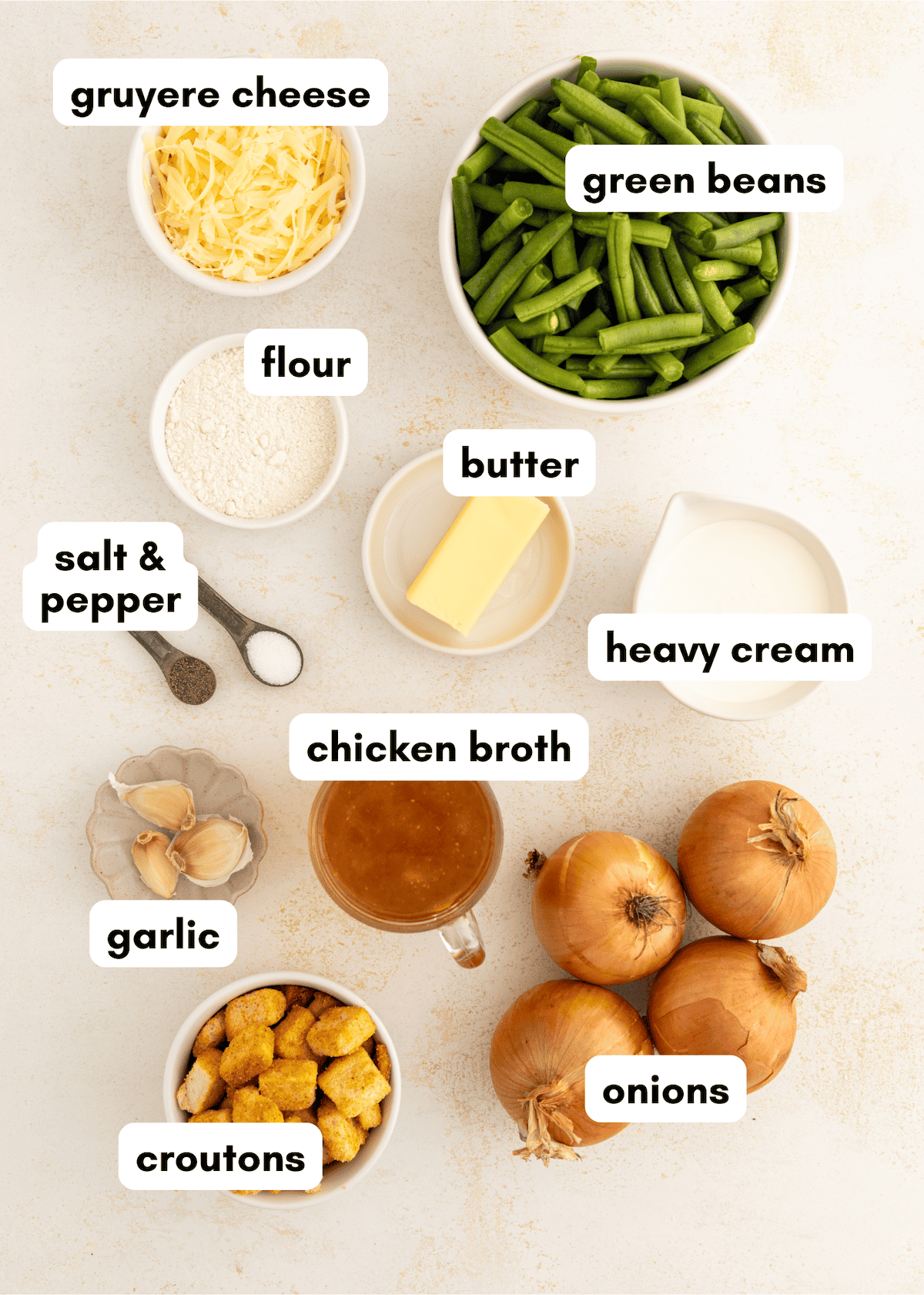 Ingredients for a recipe including cheese, green beans, onions, broth, cream, butter, and croutons.