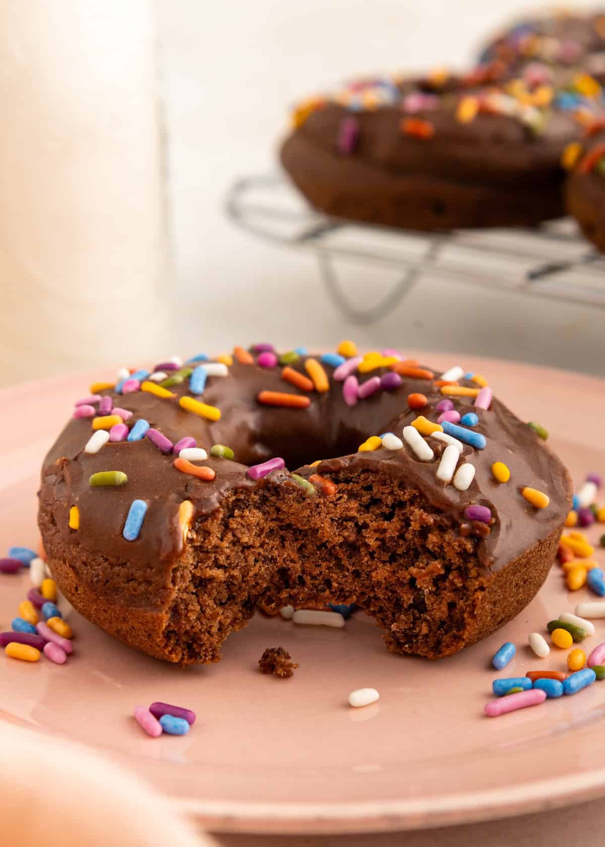 Chocolate donut with colorful sprinkles and a bite taken out, on a pink plate.
