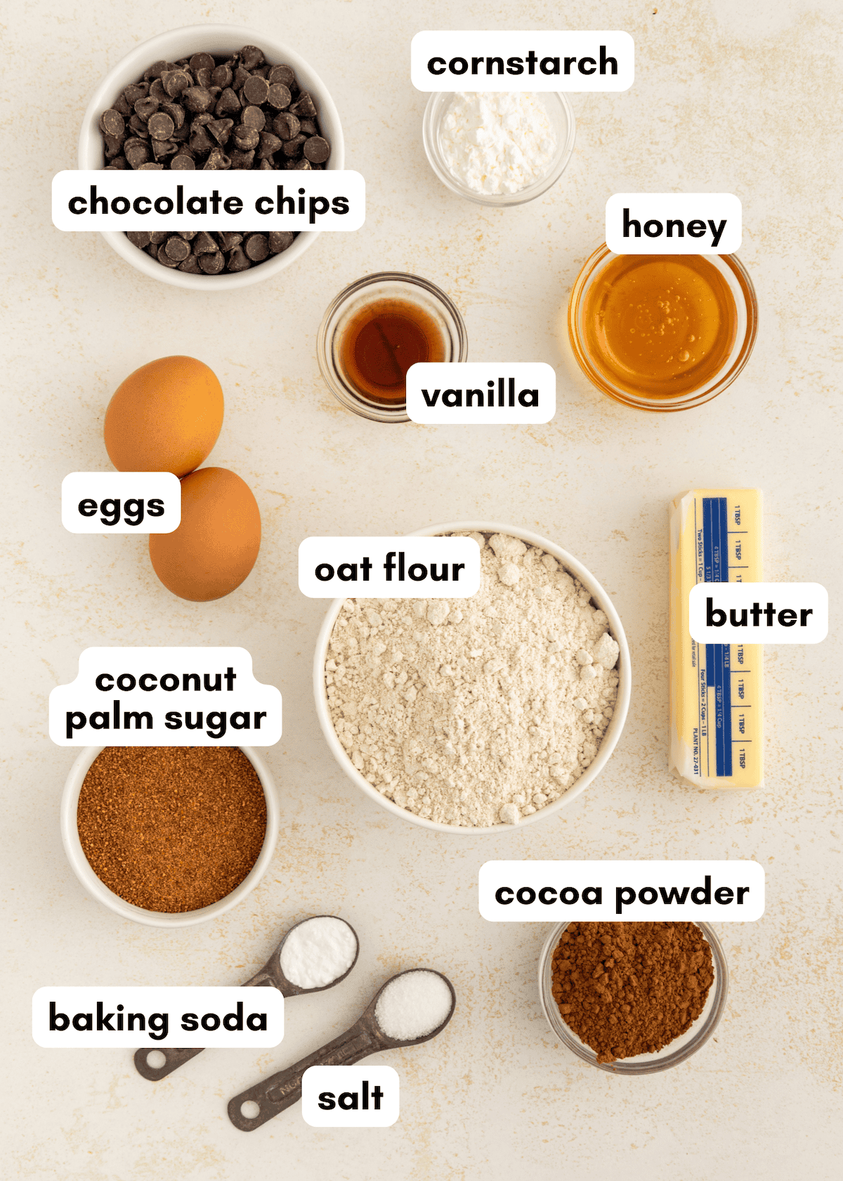 Baking ingredients including oat flour, eggs, chocolate chips, honey, butter, and cocoa powder.
