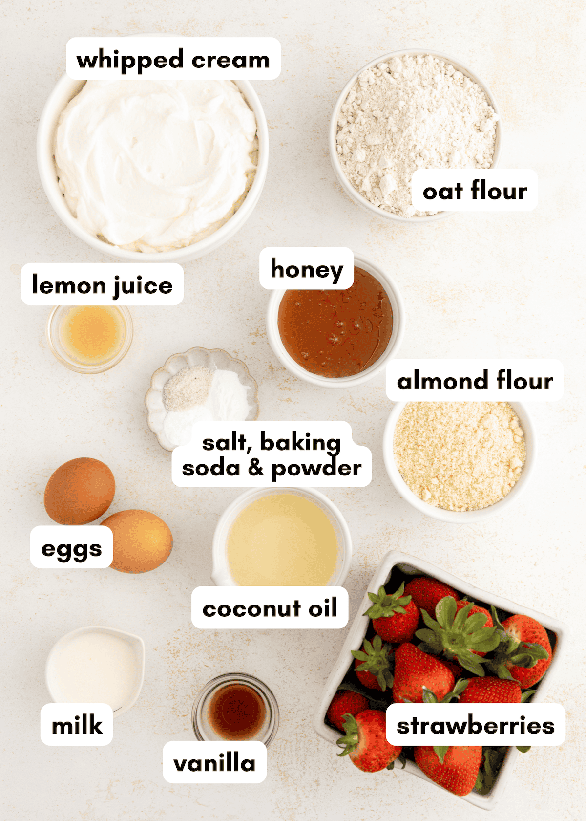 Ingredients for Gluten-Free Strawberry Shortcake arranged on a white surface, each labeled.