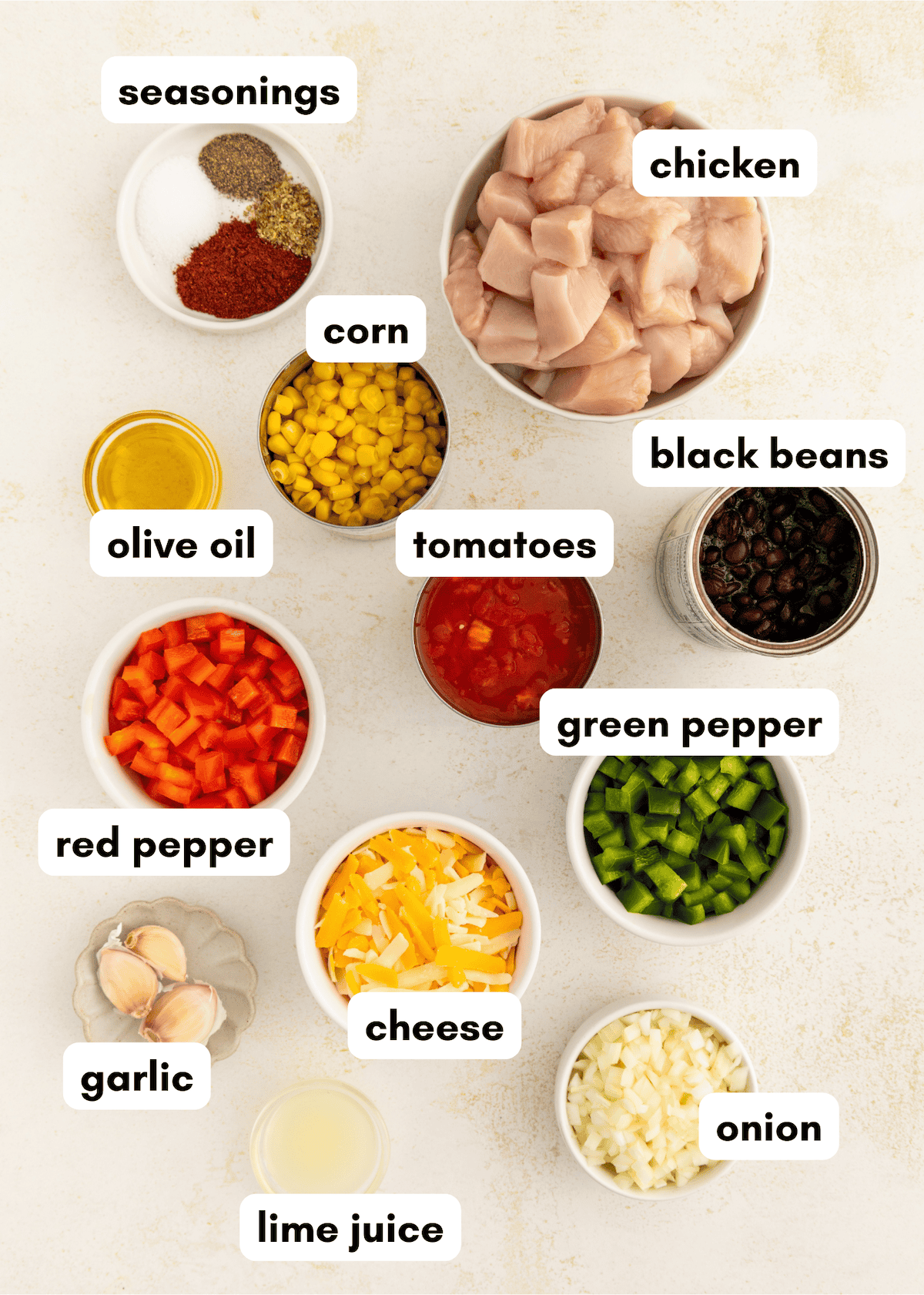 Ingredients for a recipe labeled: chicken, cheese, beans, peppers, onions, corn, tomatoes, and more.