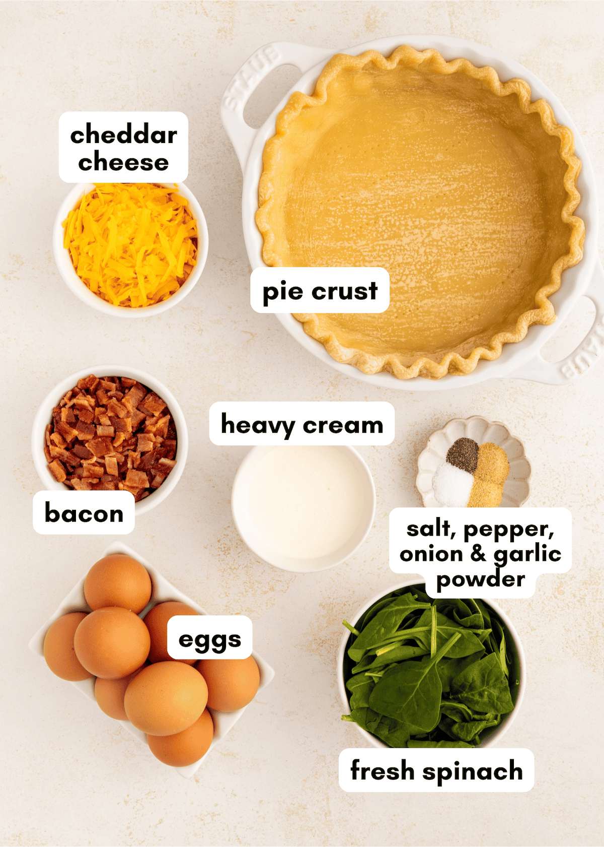 Labeled ingredients for quiche: pie crust, cheese, bacon, eggs, cream, spinach, spices.