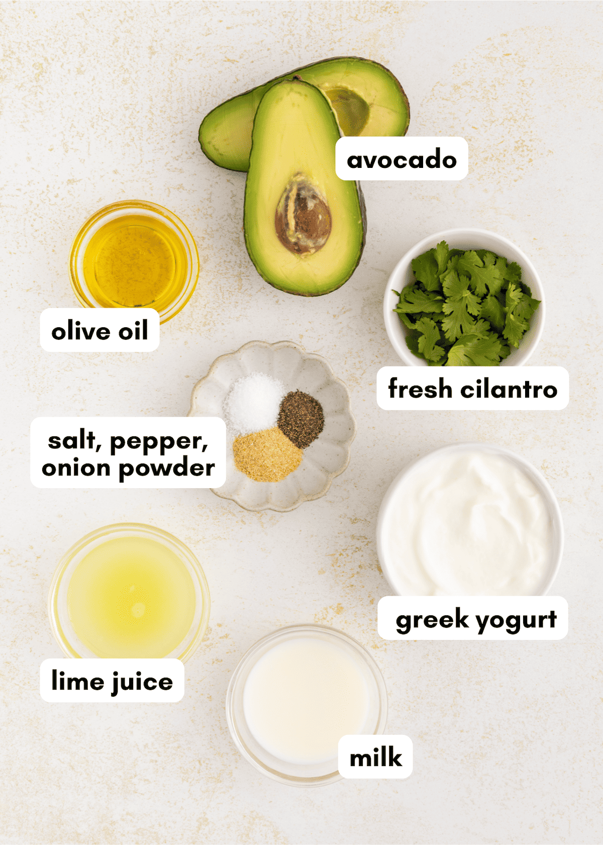 Avocado lime ranch dressing with cilantro, yogurt, olive oil, spices, and a hint of lime juice.