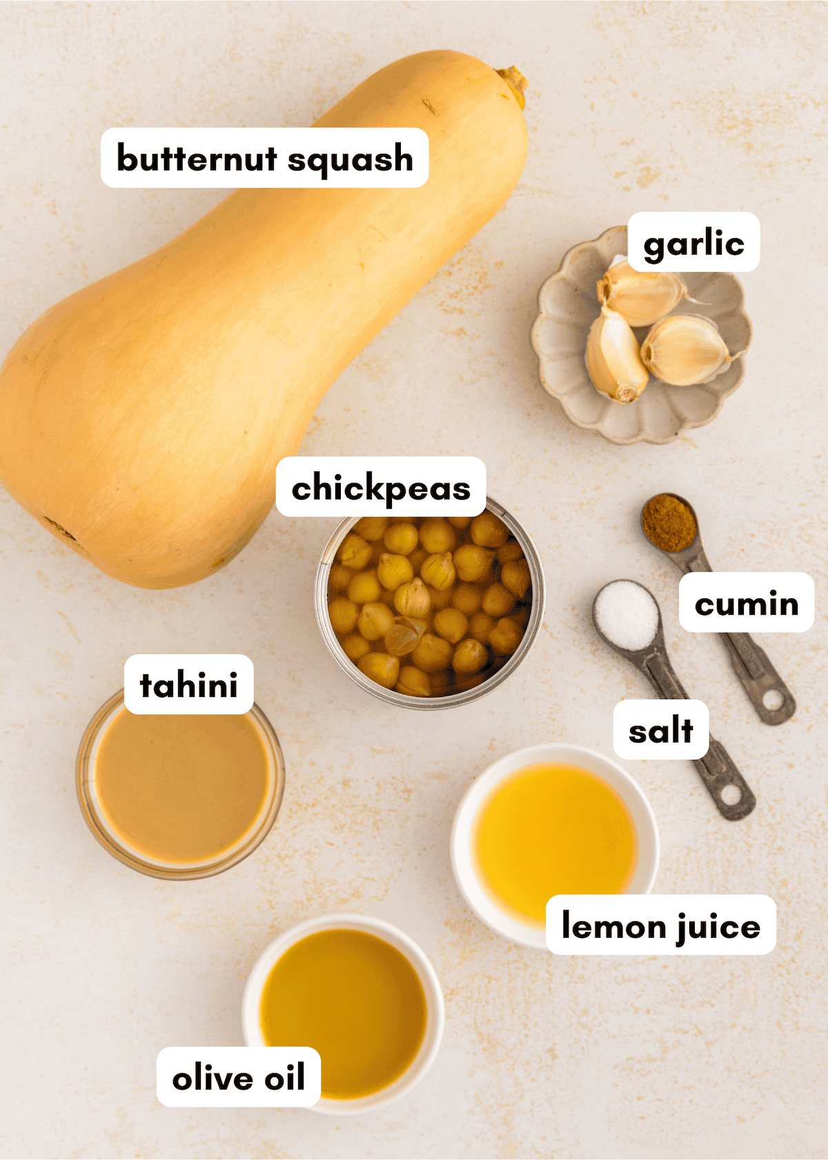 Ingredients for a recipe: butternut squash, garlic, chickpeas, cumin, salt, tahini, lemon, oil.